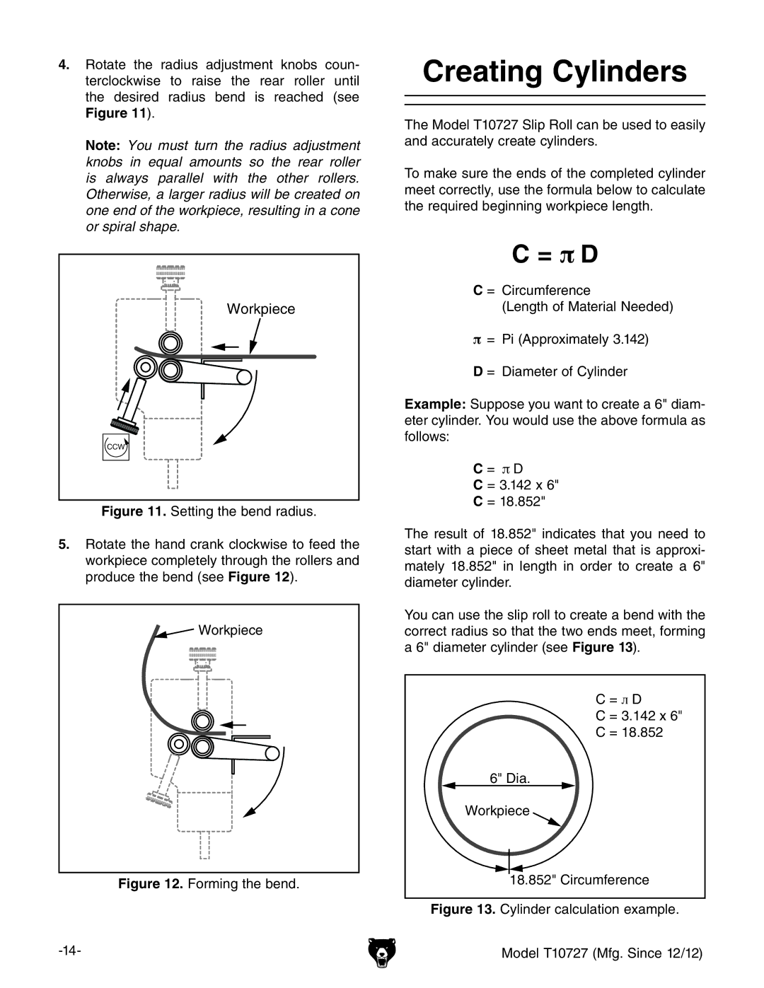 Grizzly T10727 owner manual Creating Cylinders, = π D 