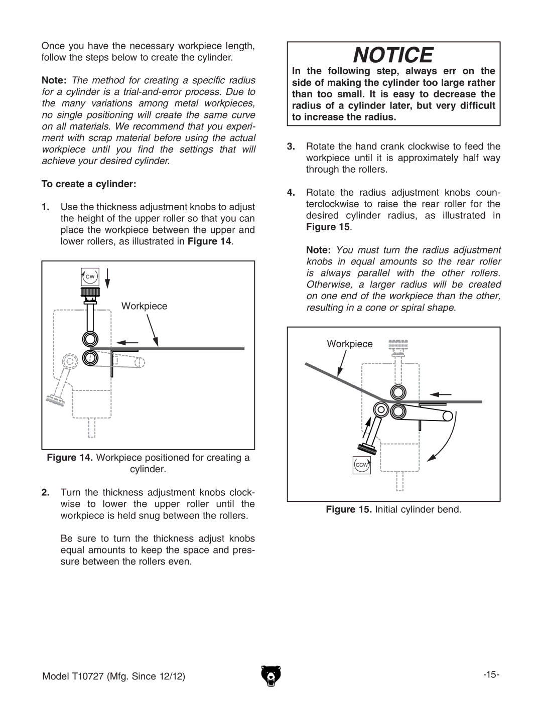 Grizzly owner manual To create a cylinder, Initial cylinder bend Model T10727 Mfg. Since 12/12 