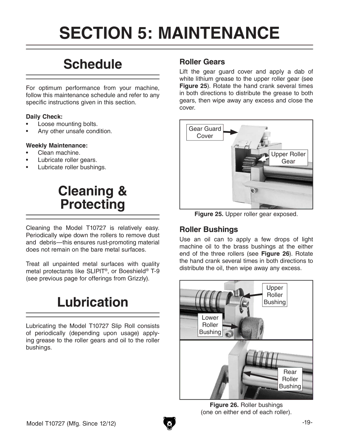 Grizzly T10727 owner manual Maintenance, Schedule, Cleaning Protecting, Lubrication 