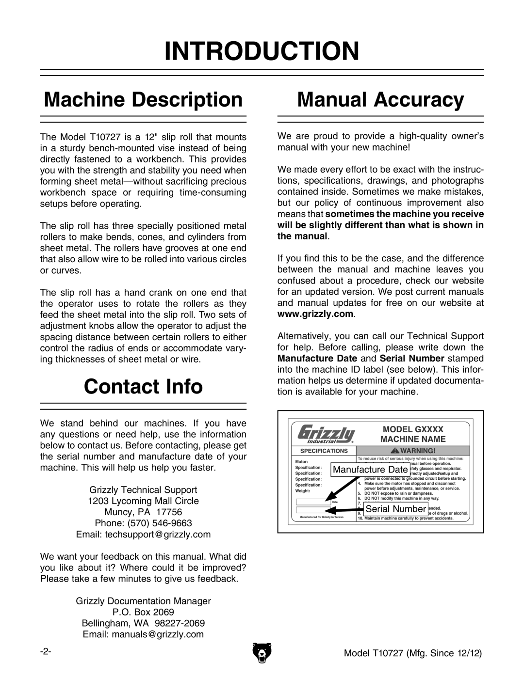 Grizzly T10727 owner manual Introduction, Machine Description Manual Accuracy, Contact Info 