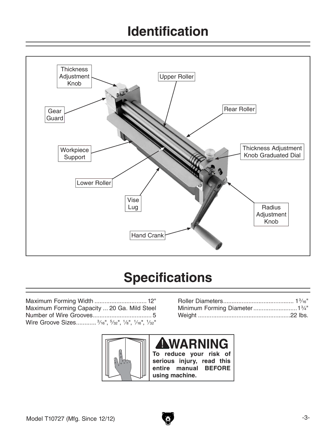 Grizzly T10727 owner manual Identification, Specifications 