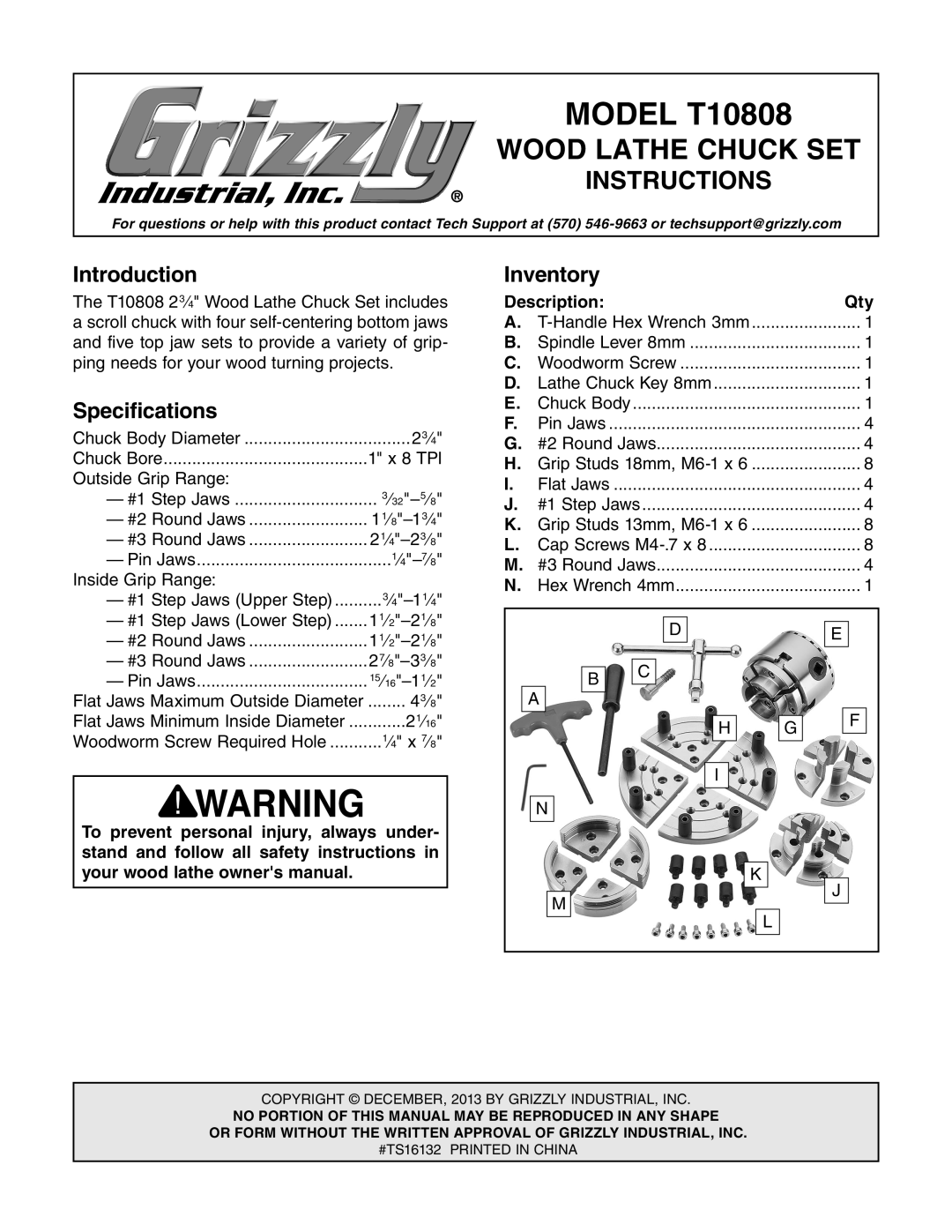 Grizzly T10808 specifications Introduction, Specifications, Inventory, Description Qty 