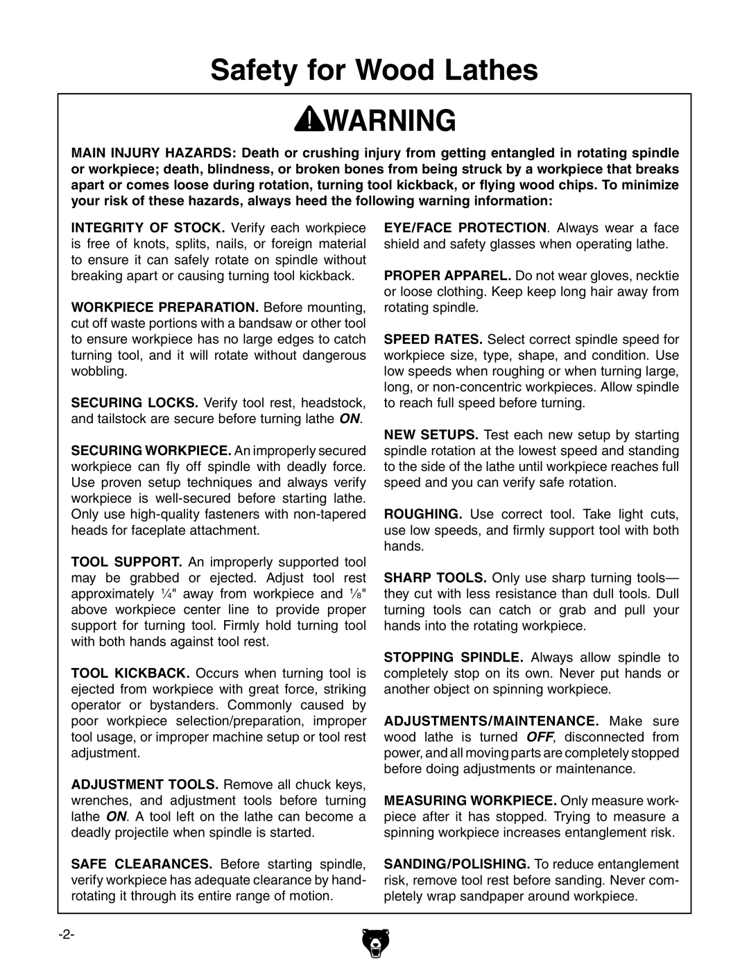 Grizzly T10808 specifications Safety for Wood Lathes 