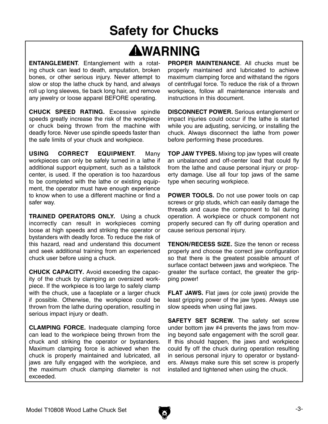 Grizzly T10808 specifications Safety for Chucks, Using Correct Equipment . Many, Trained Operators ONLY. Using a chuck 