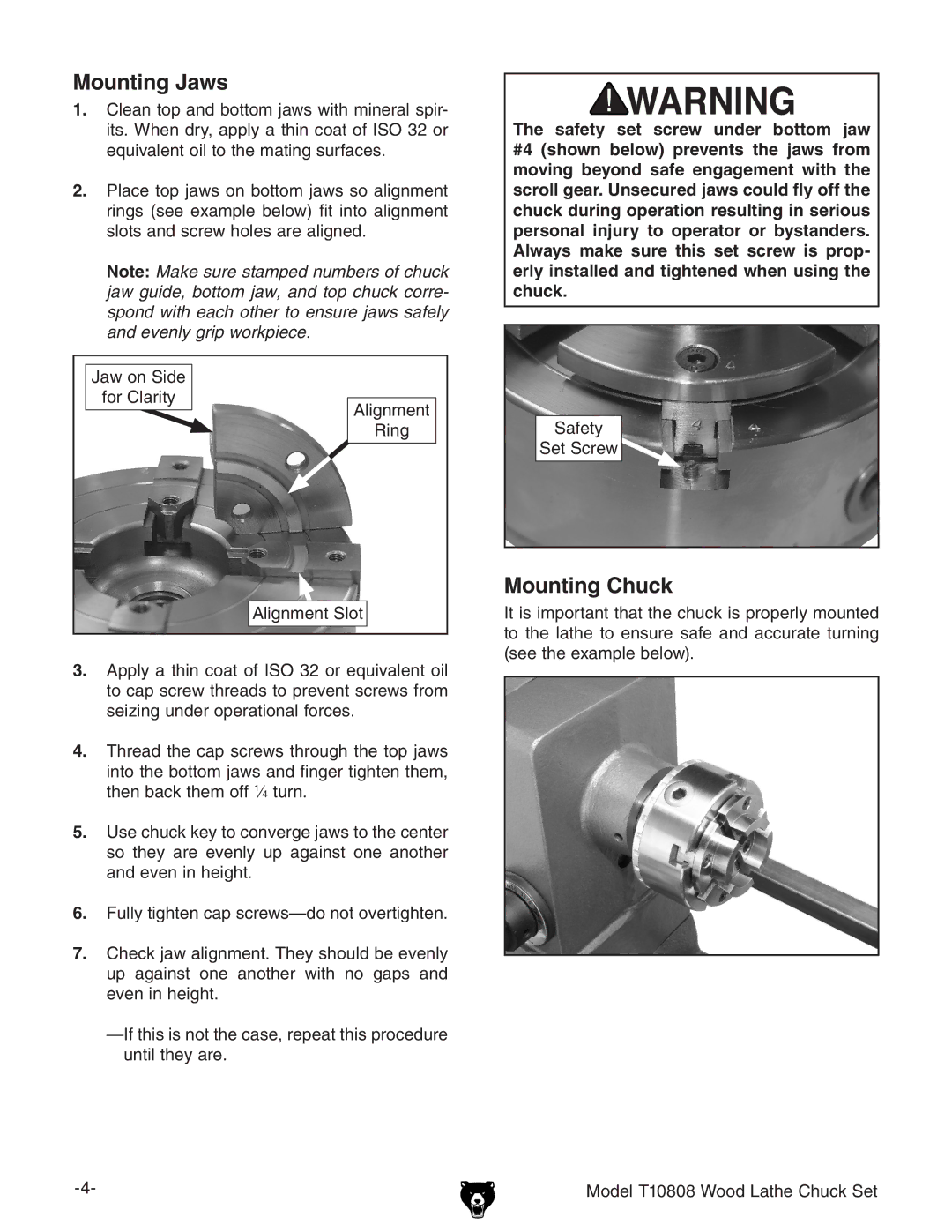 Grizzly T10808 specifications Mounting Jaws, Mounting Chuck 