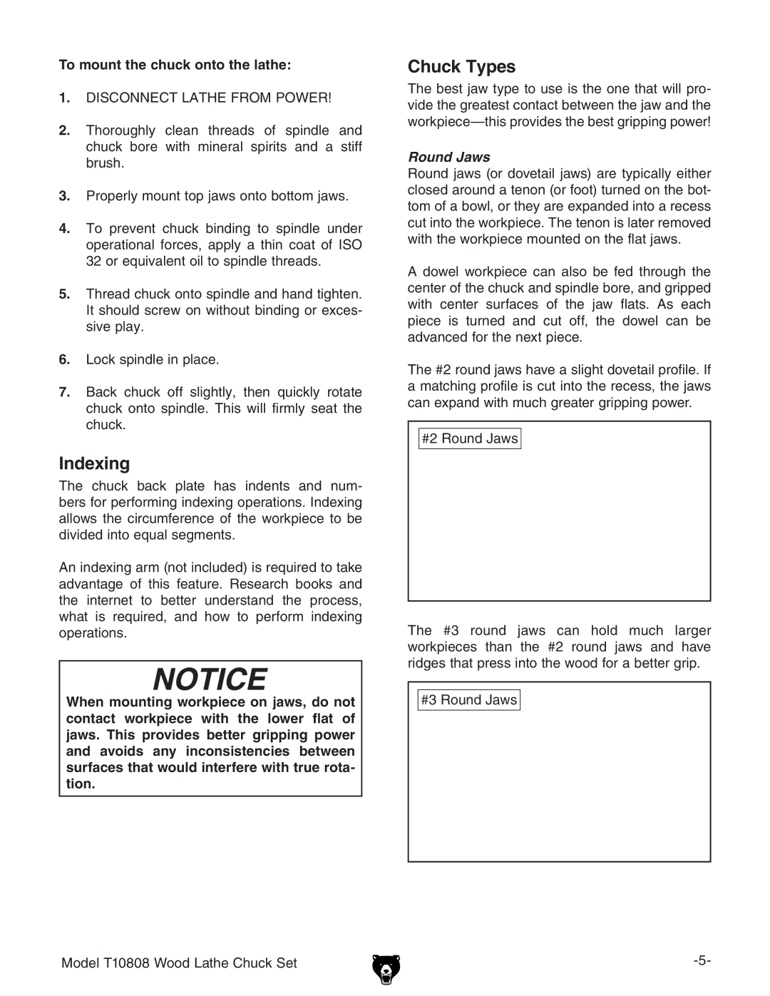 Grizzly T10808 specifications Indexing, Chuck Types, To mount the chuck onto the lathe, Round Jaws 