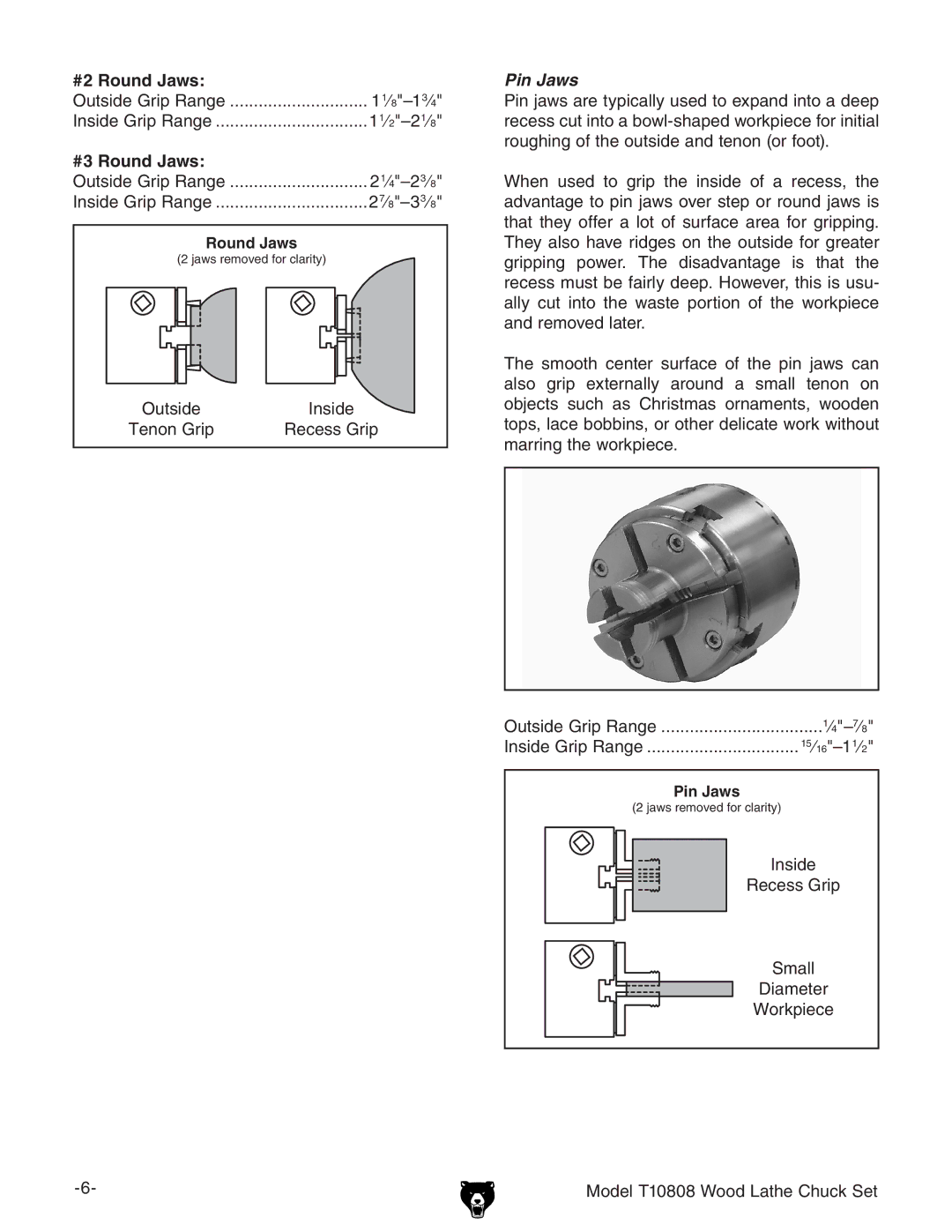 Grizzly T10808 specifications #2 Round Jaws, #3 Round Jaws, Pin Jaws 