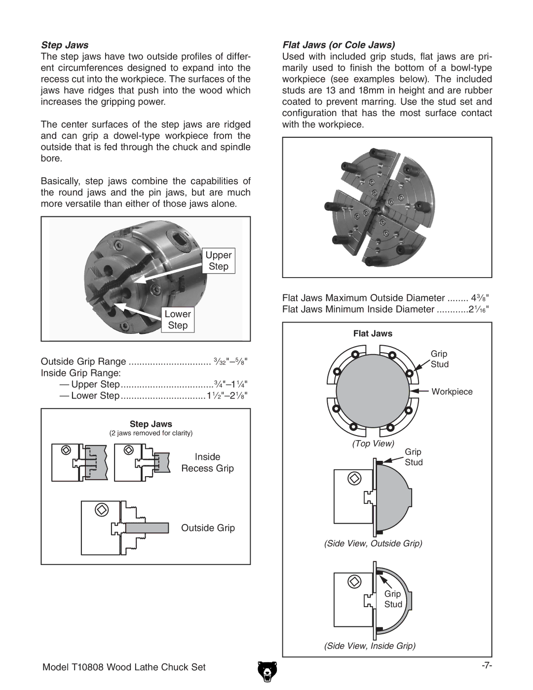 Grizzly T10808 specifications Step Jaws, Flat Jaws or Cole Jaws 