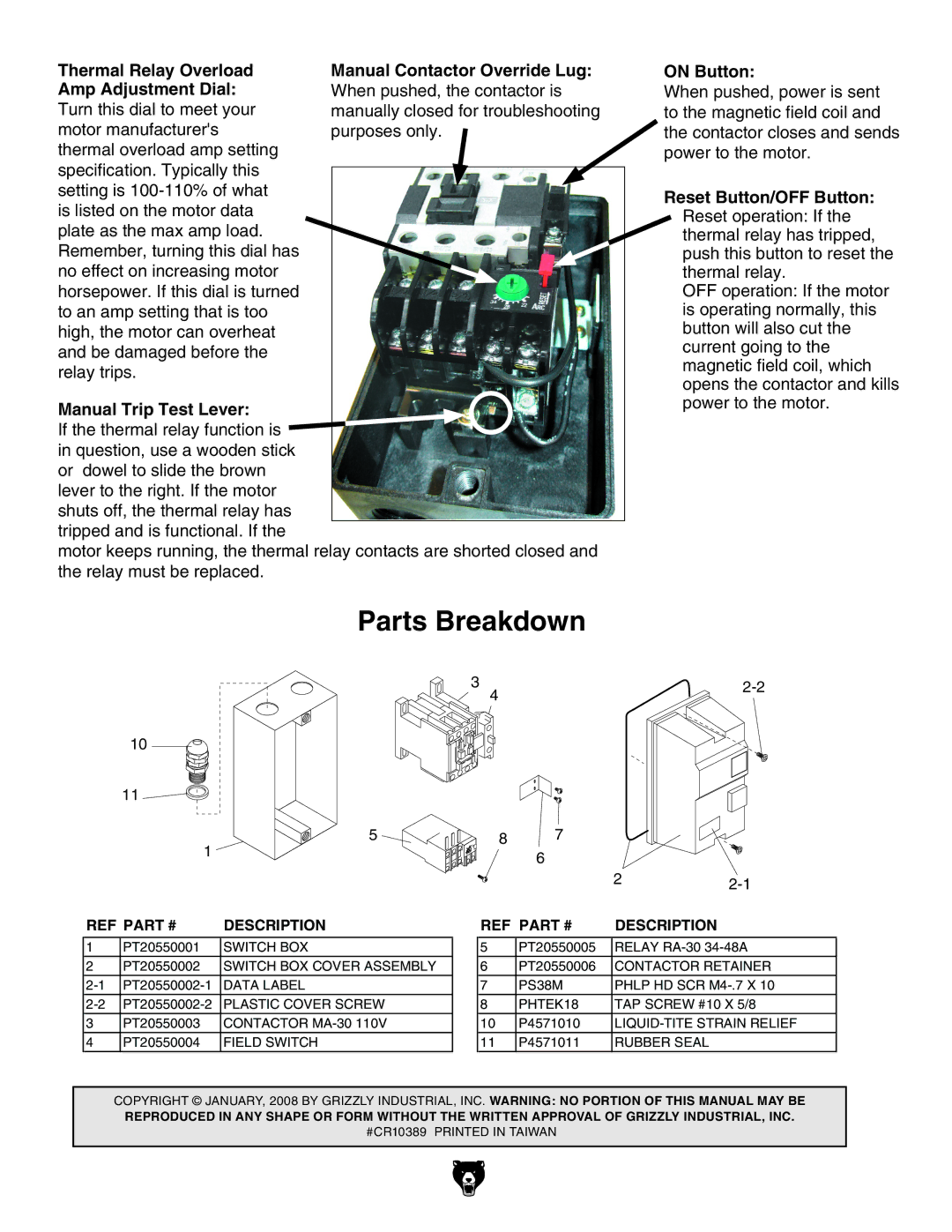 Grizzly T20550 instruction sheet Thermal Relay Overload, On Button, Manual Trip Test Lever 