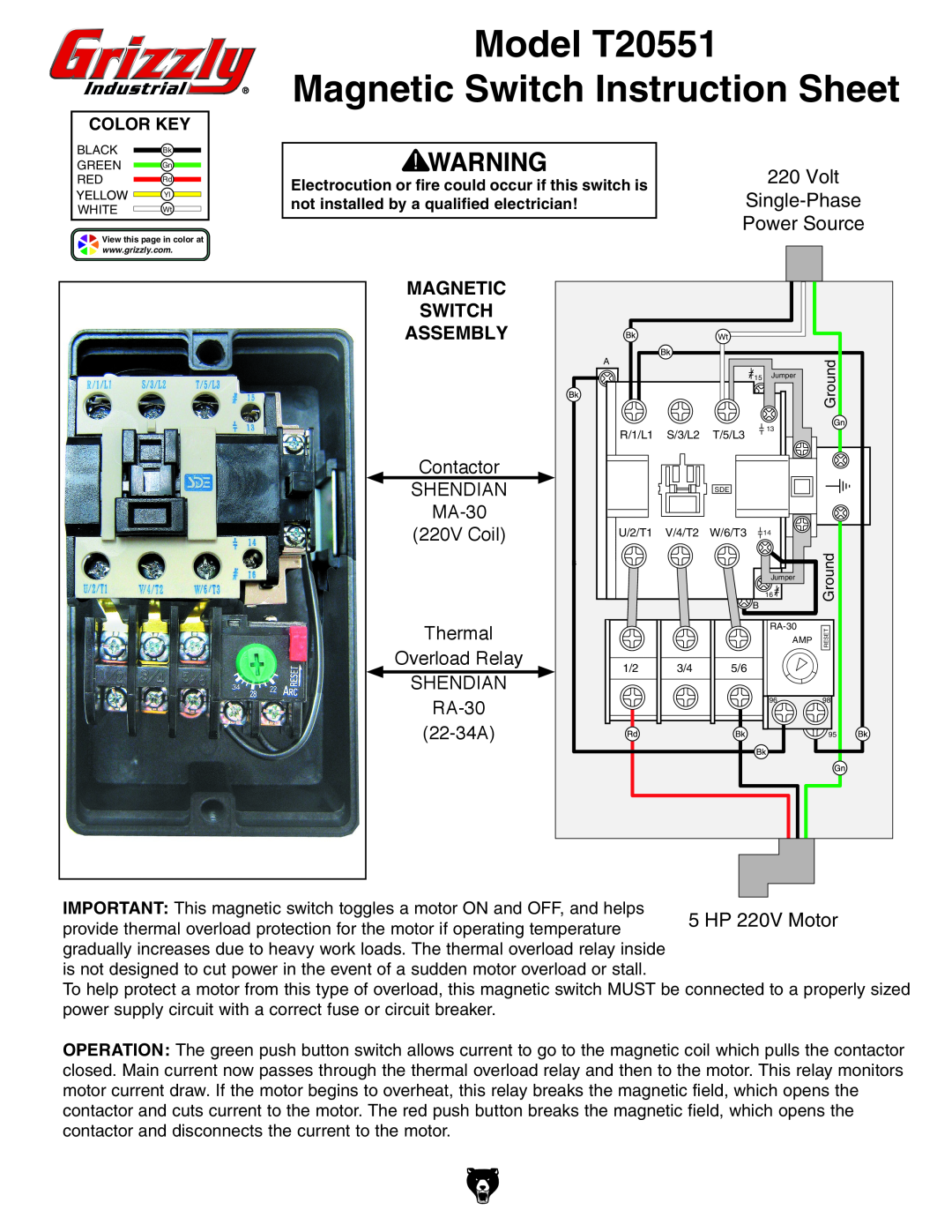 Grizzly instruction sheet Model T20551 Magnetic Switch Instruction Sheet, Magnetic Switch Assembly, Contactor, Shendian 