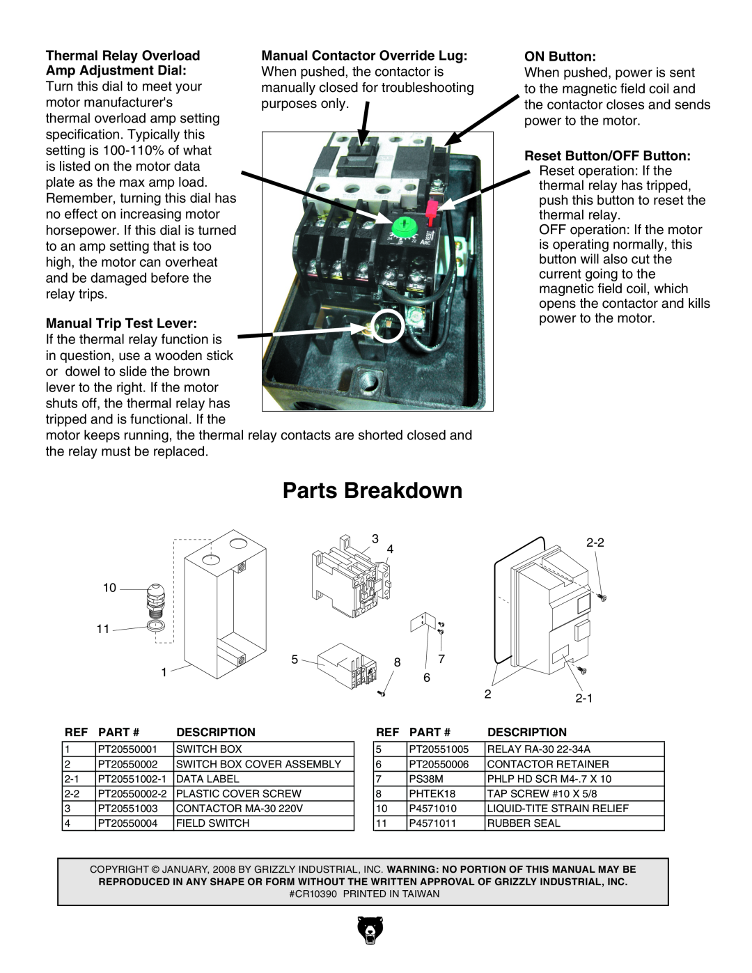 Grizzly T20551 instruction sheet Parts Breakdown, Thermal Relay Overload, ON Button, Manual Trip Test Lever 
