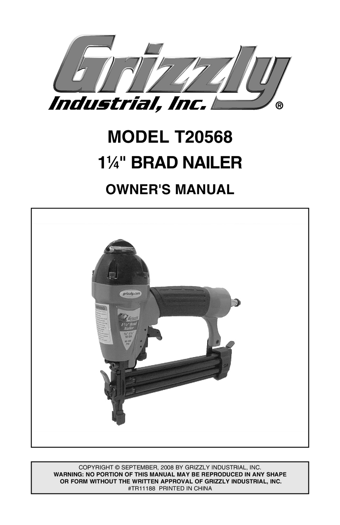 Grizzly owner manual Model T20568 11⁄4 Brad Nailer 