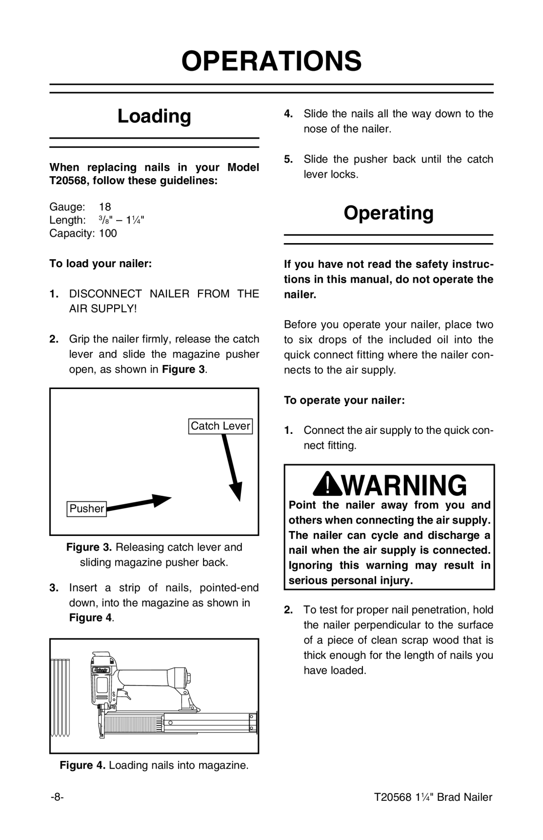 Grizzly T20568 owner manual OperationS, Loading, Operating, To load your nailer, To operate your nailer 