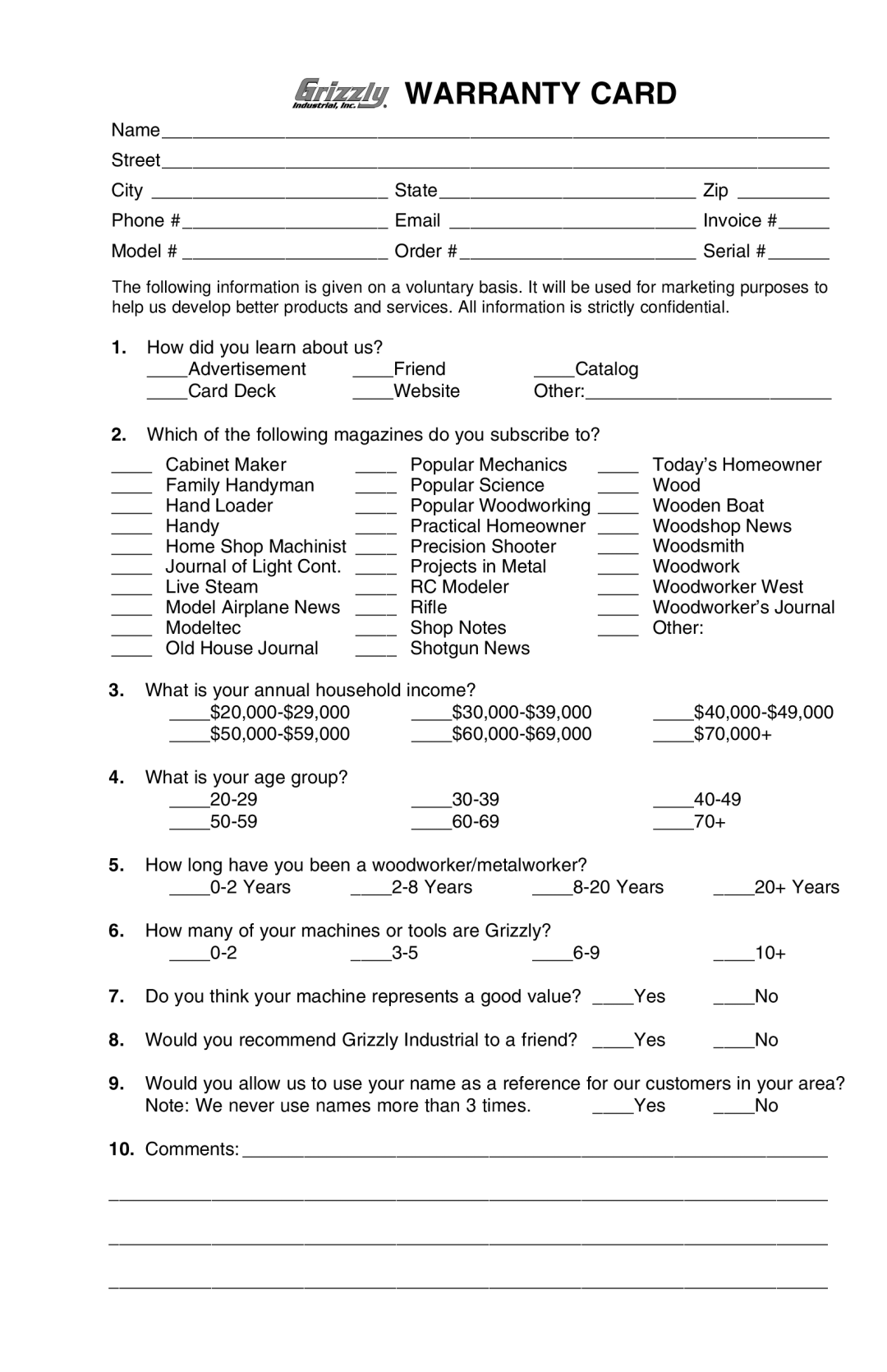 Grizzly T20568 owner manual Warranty Card 