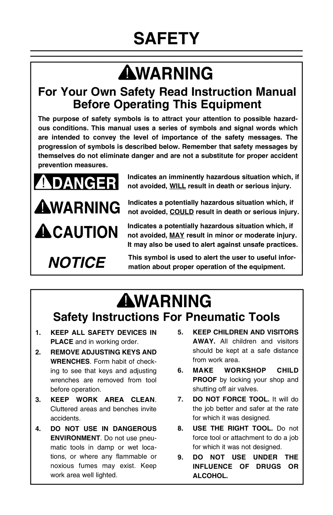 Grizzly T20568 owner manual Before Operating This Equipment, Safety Instructions For Pneumatic Tools 