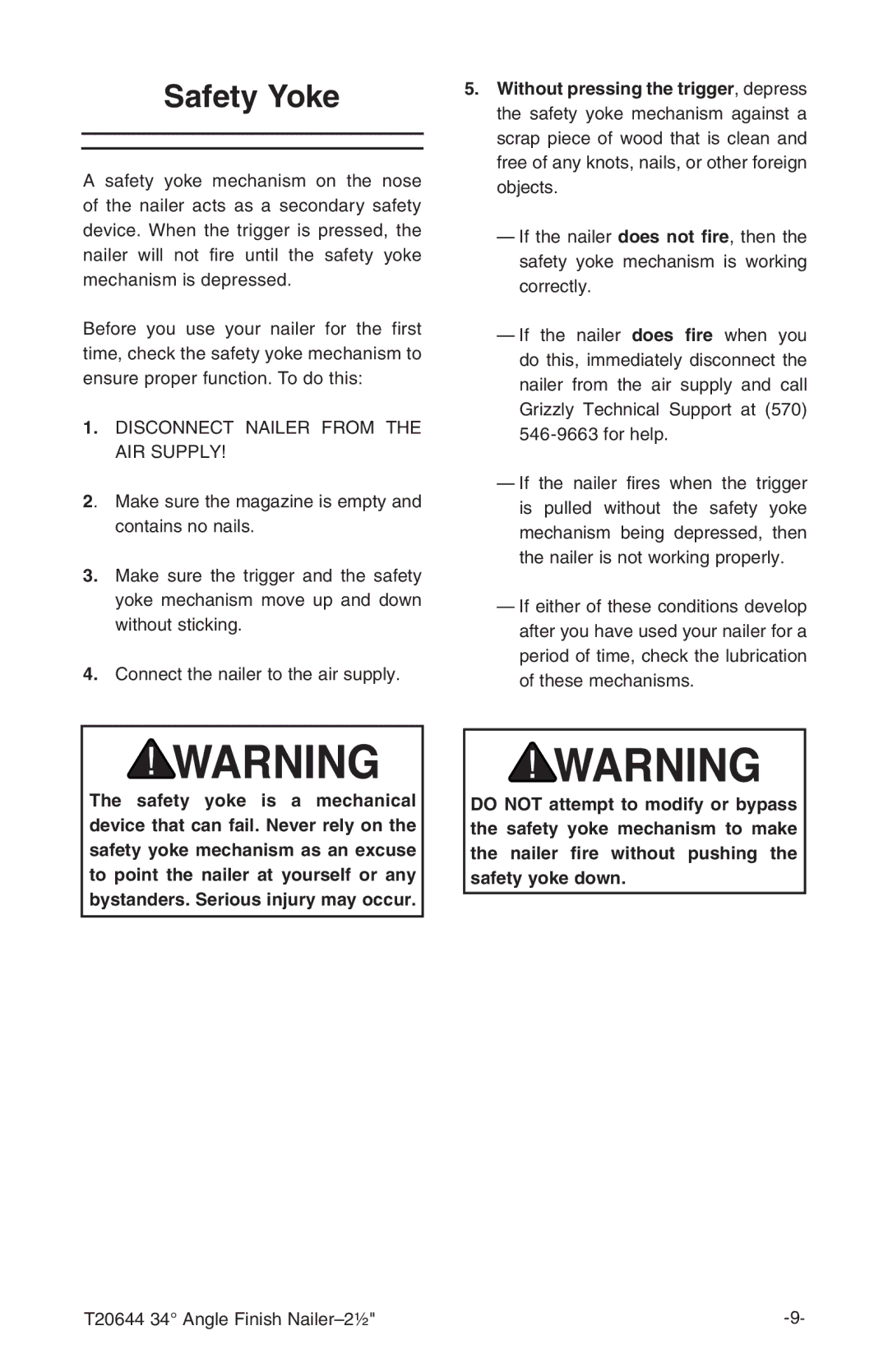 Grizzly T20644 instruction manual Safety Yoke, Disconnect Nailer from the AIR Supply 