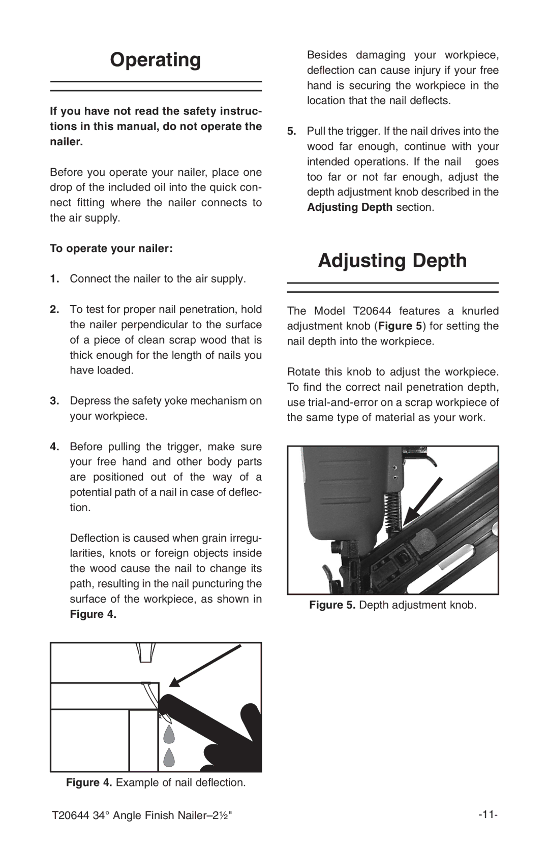 Grizzly T20644 instruction manual Operating, Adjusting Depth 