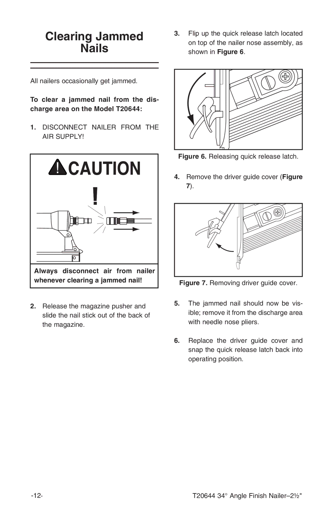 Grizzly T20644 instruction manual Clearing Jammed Nails 