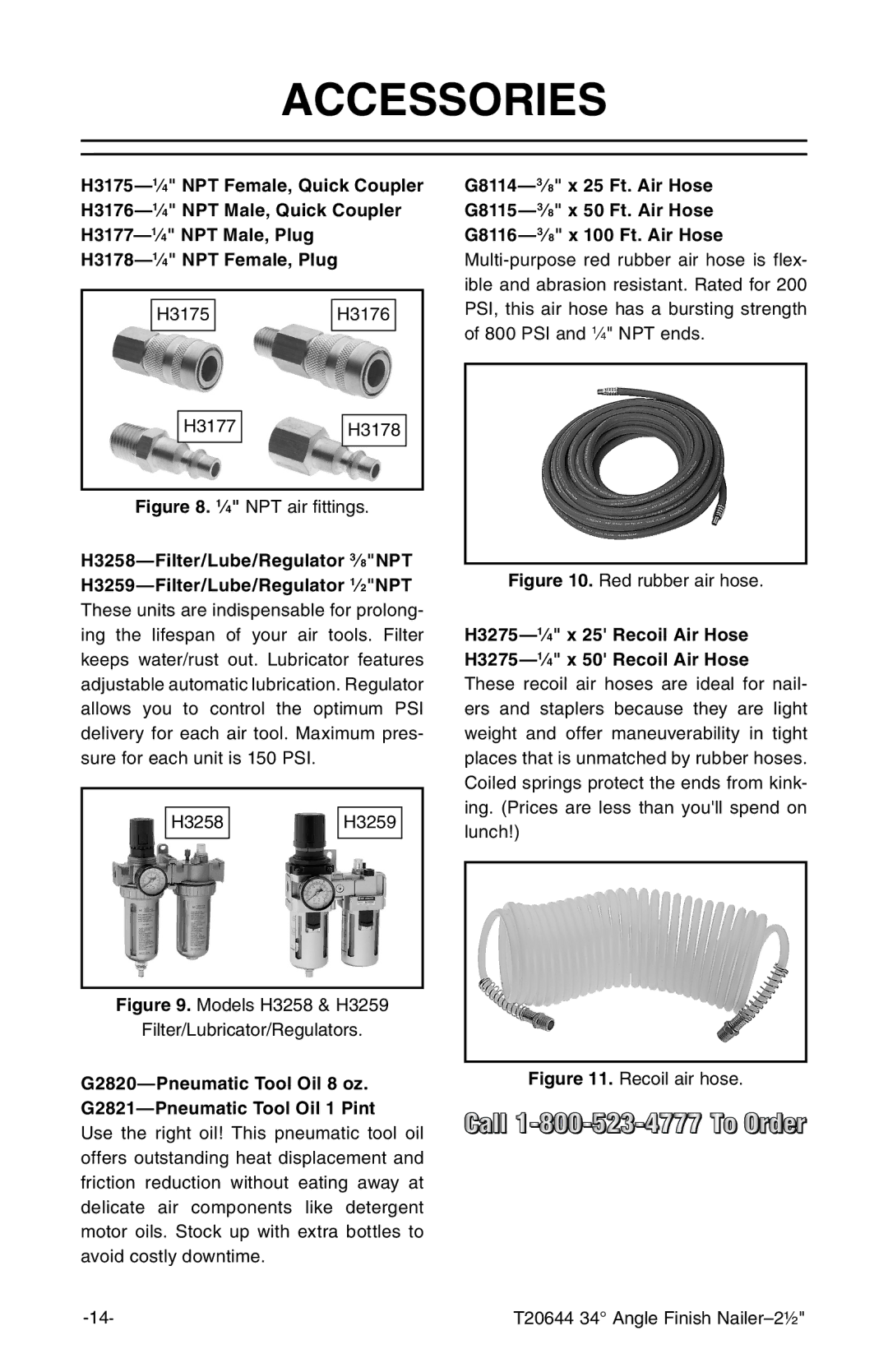 Grizzly T20644 instruction manual Accessories, ⁄4 NPT air fittings 