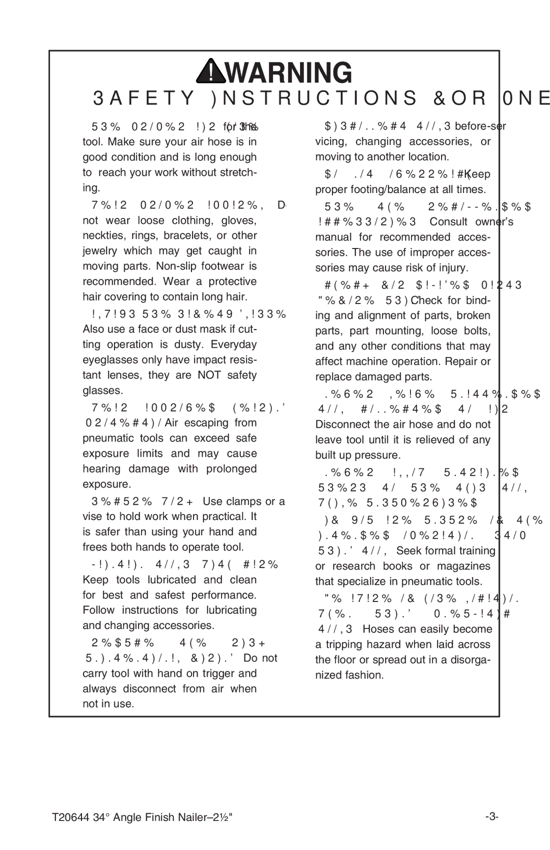 Grizzly T20644 instruction manual Safety Instructions For Pneumatic Tools 