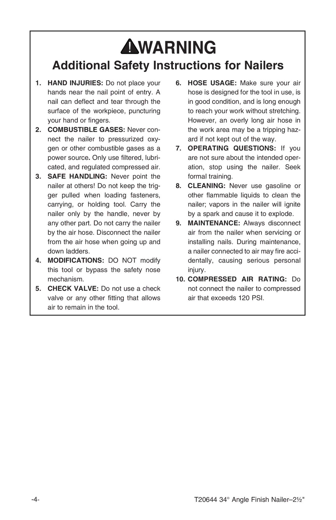 Grizzly T20644 instruction manual Additional Safety Instructions for Nailers 