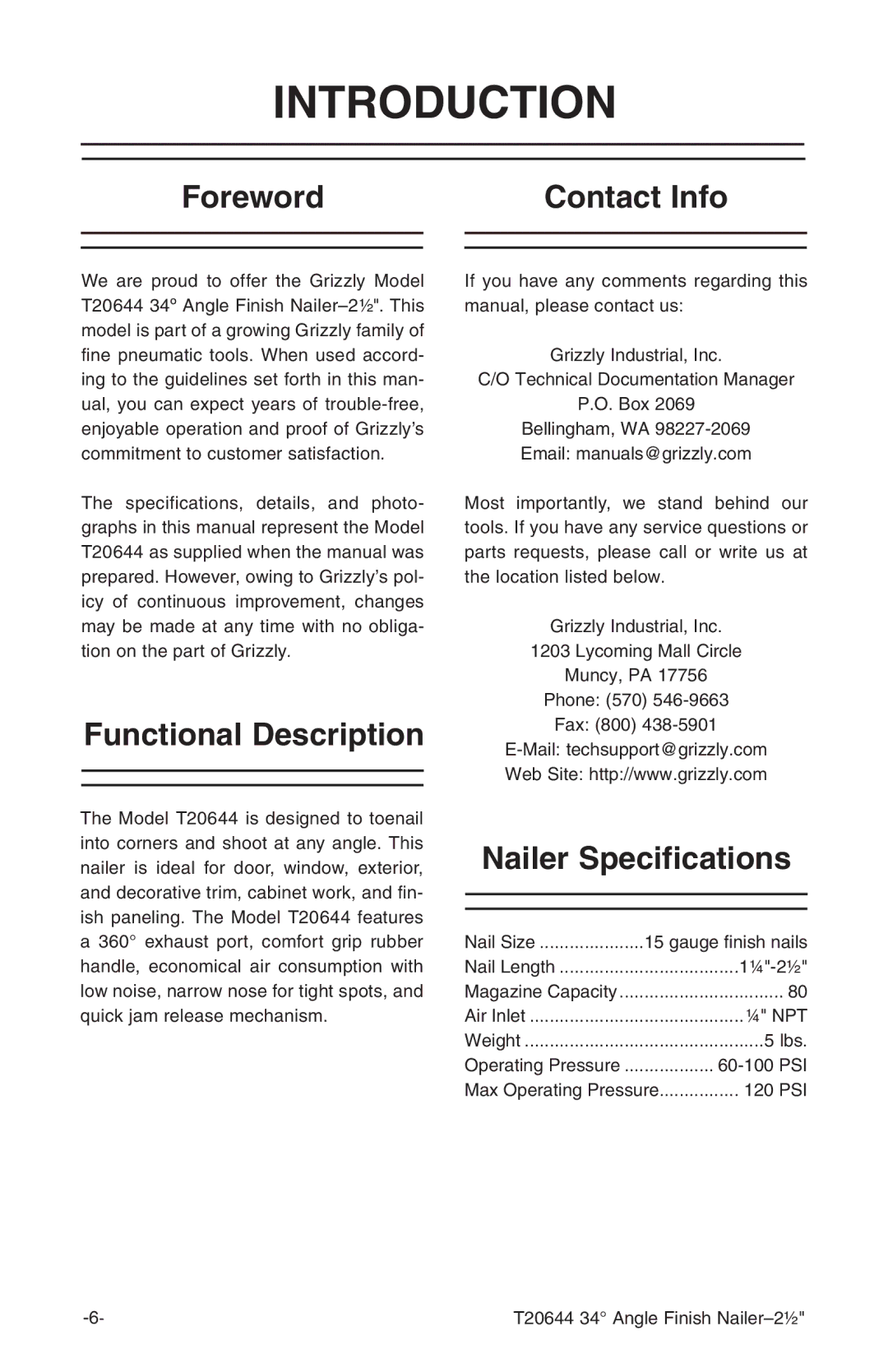 Grizzly T20644 instruction manual Introduction, Foreword Contact Info, Functional Description, Nailer Specifications 