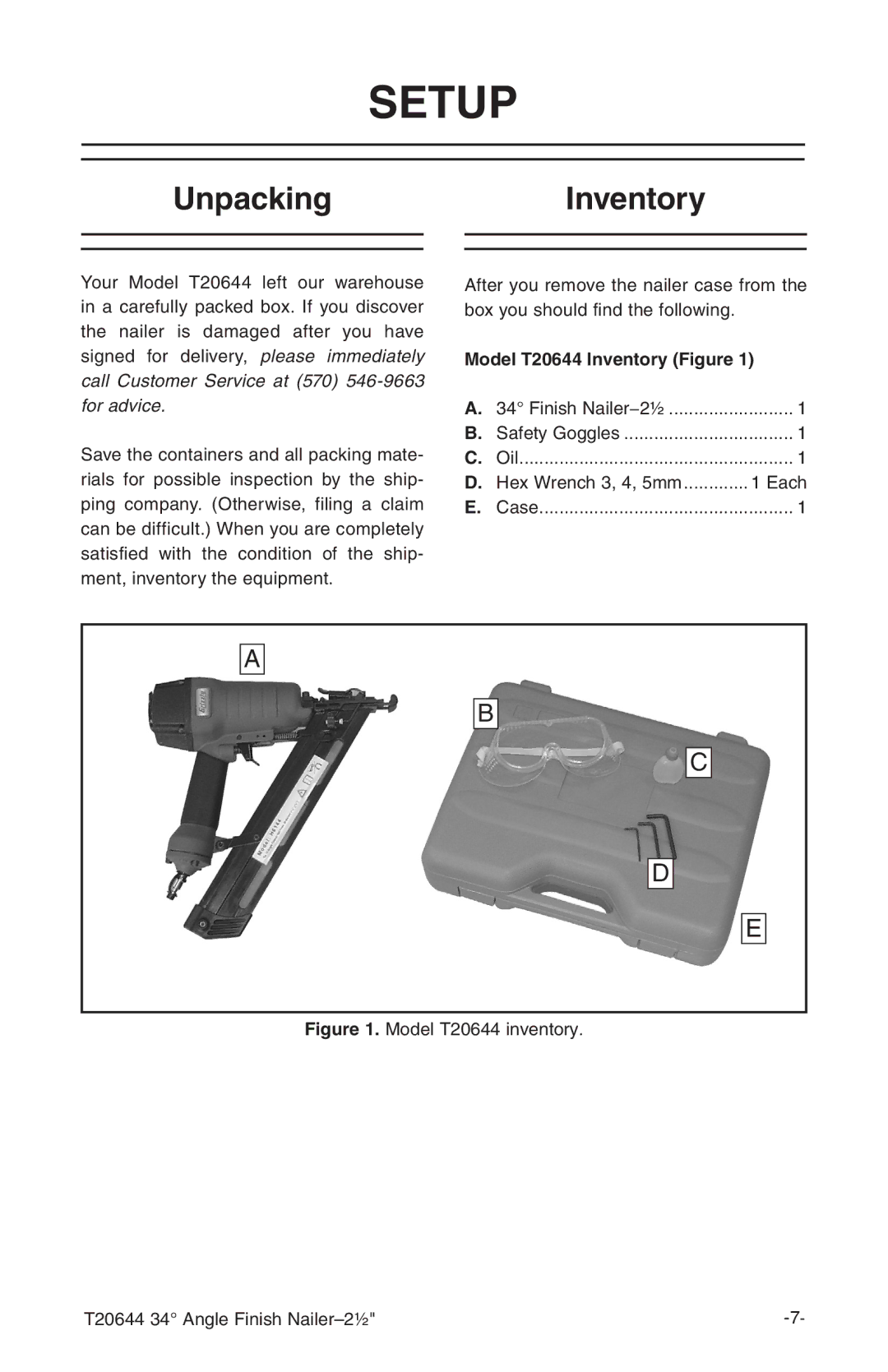 Grizzly T20644 instruction manual Setup, UnpackingInventory 