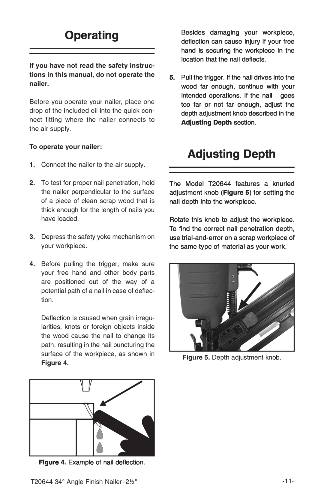 Grizzly T20644 instruction manual Operating, Adjusting Depth, To operate your nailer 