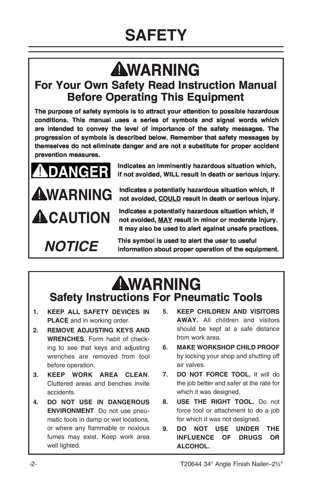 Grizzly T20644 instruction manual For Your Own Safety Read Instruction Manual, Before Operating This Equipment 
