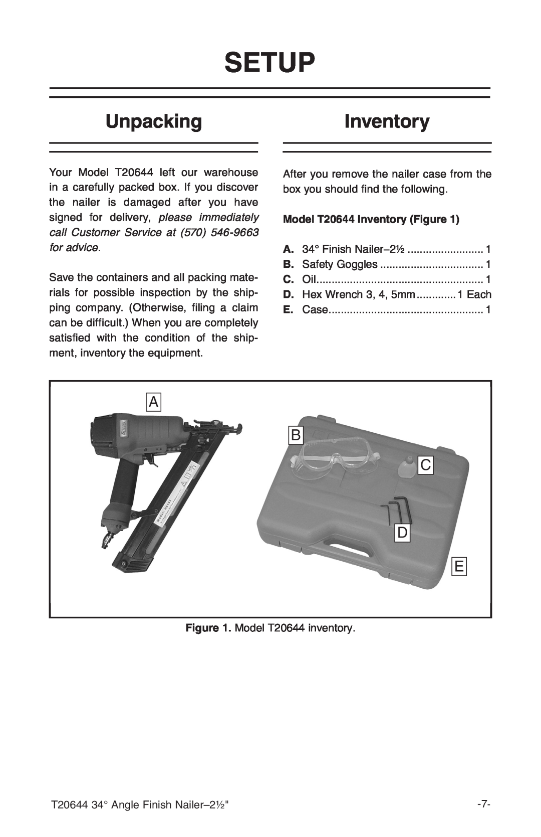 Grizzly T20644 instruction manual Setup, UnpackingInventory, A B C D E 