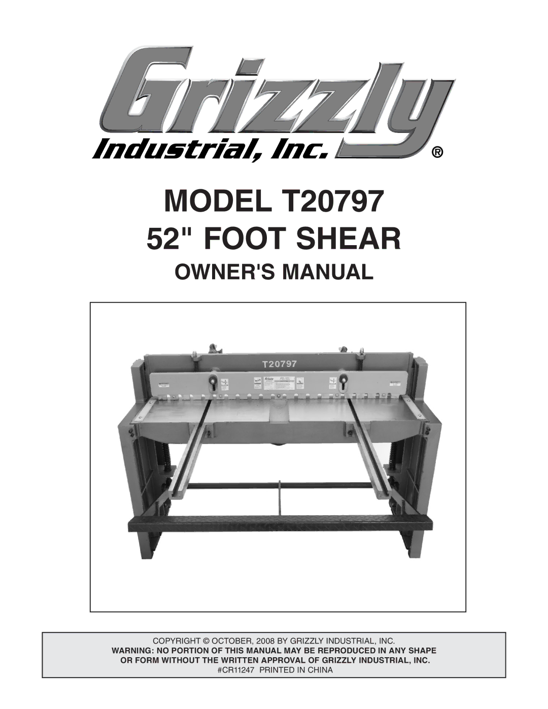 Grizzly T20797 owner manual Foot Shear 