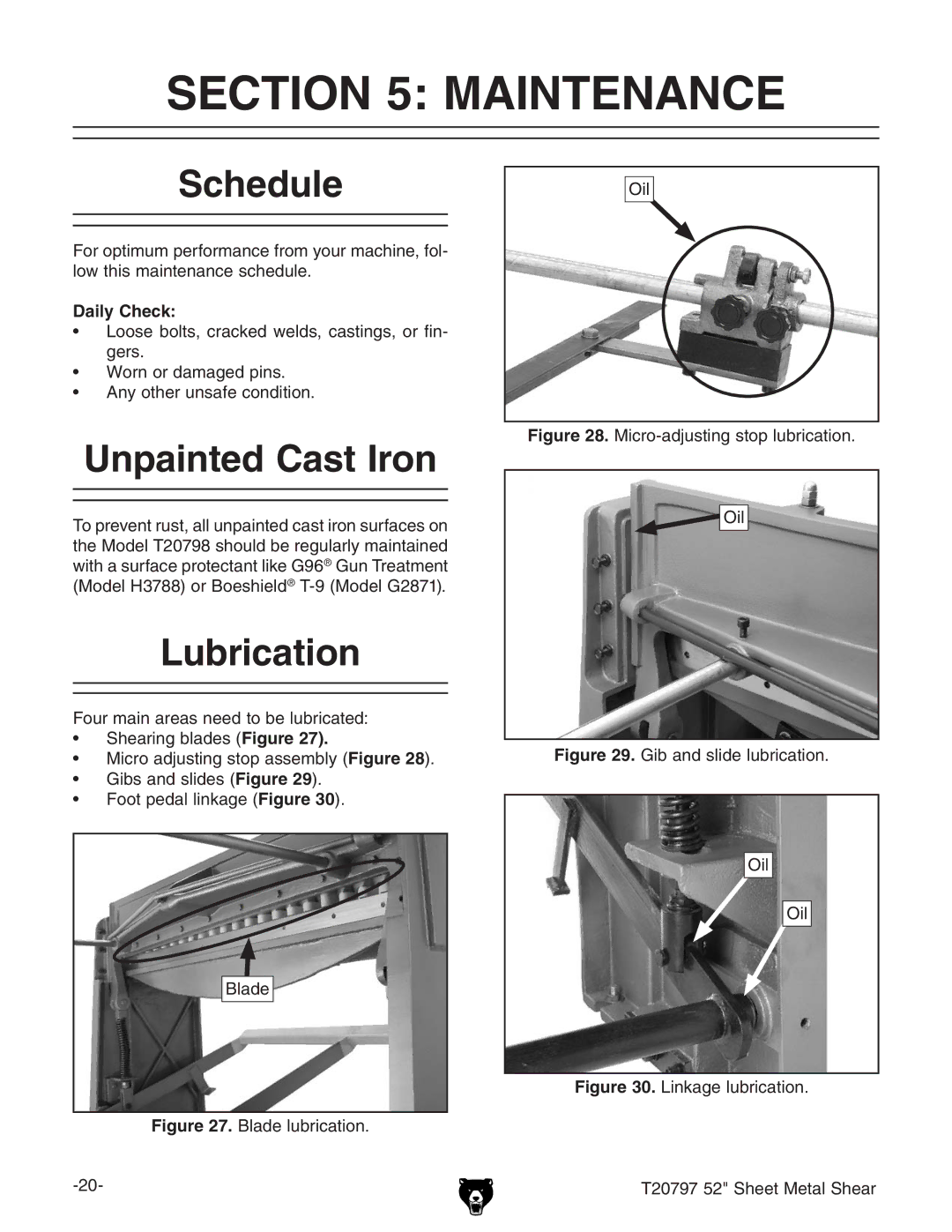 Grizzly T20797 owner manual Maintenance, Schedule, Unpainted Cast Iron, Lubrication, Daily Check 