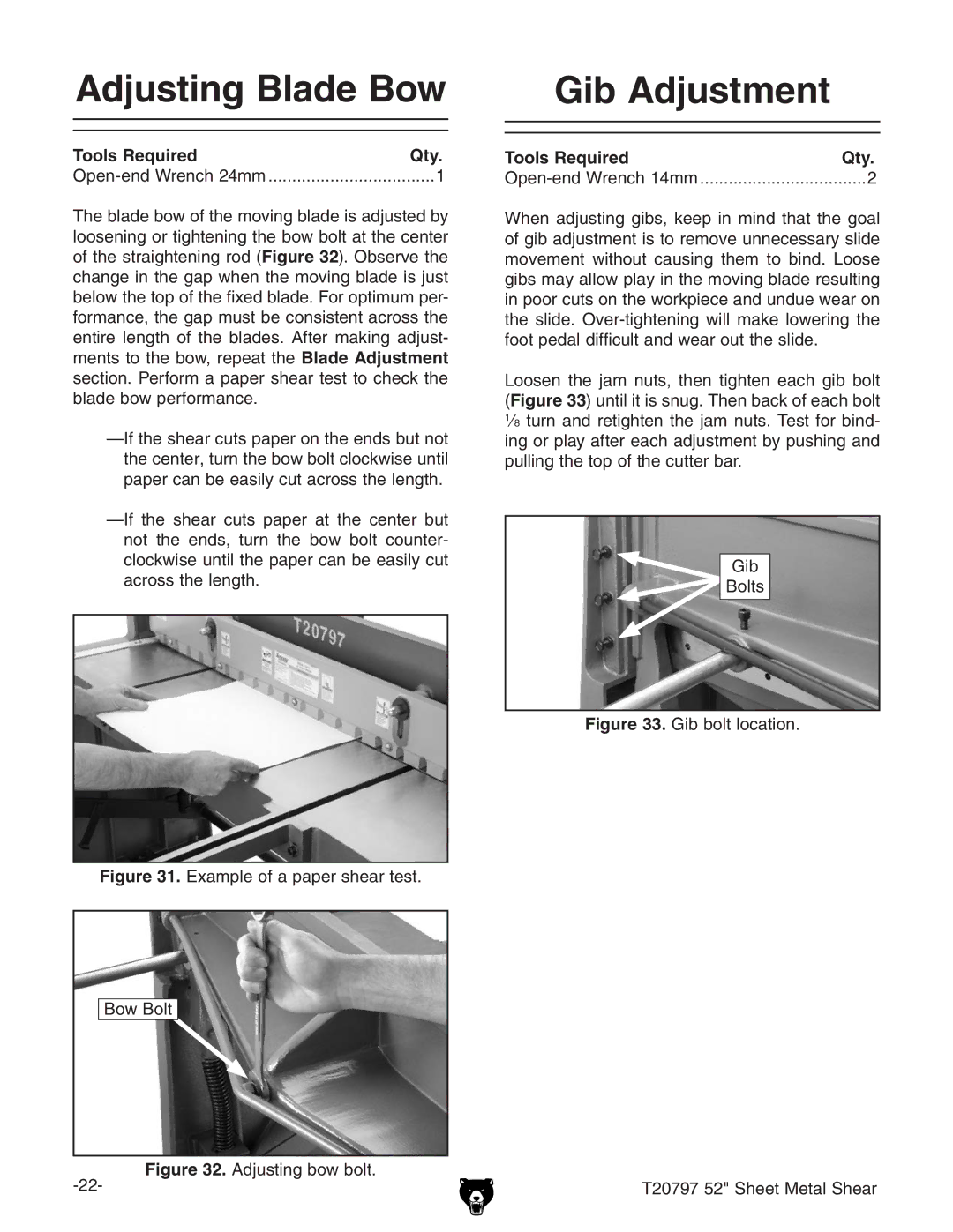 Grizzly T20797 owner manual Adjusting Blade Bow, Gib Adjustment 