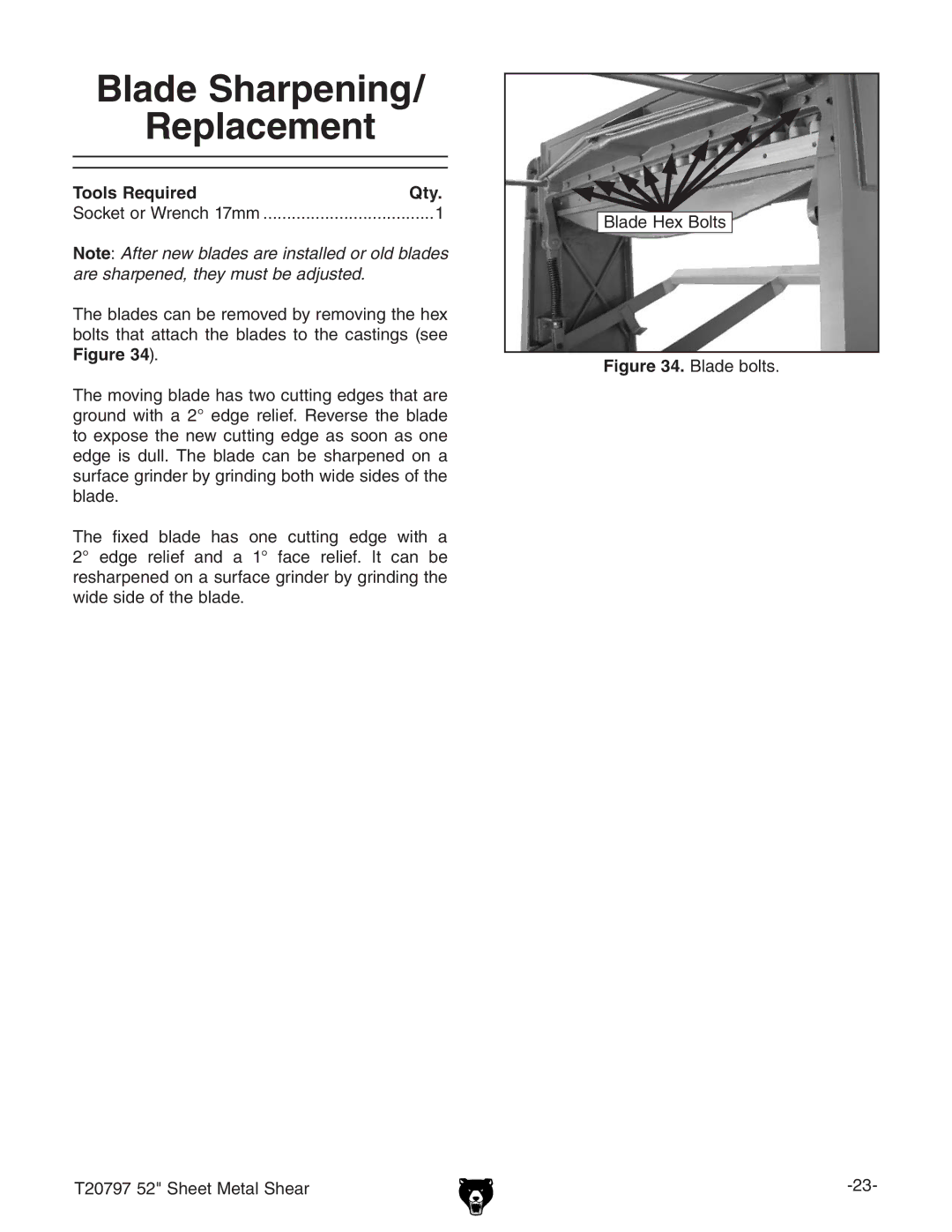 Grizzly T20797 owner manual Blade Sharpening Replacement, *HZZiBZiVaHZVg 7aVYZ=Zm7daih 