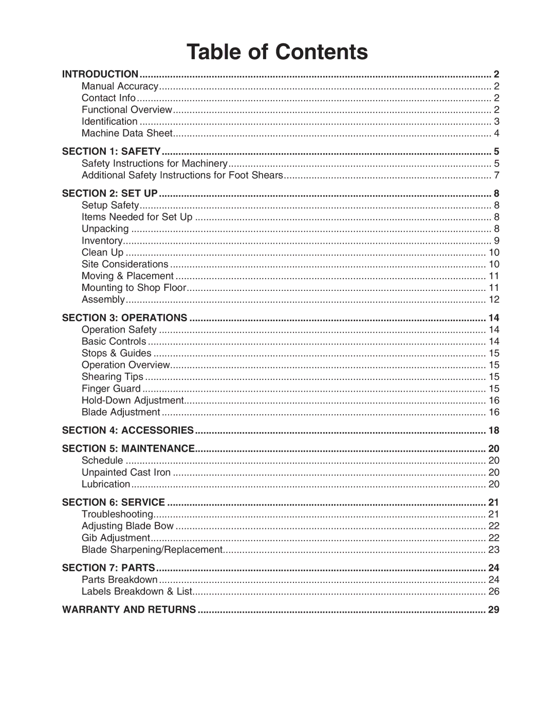 Grizzly T20797 owner manual Table of Contents 