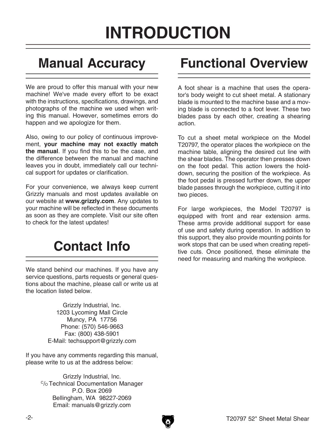 Grizzly T20797 owner manual Introduction, Manual Accuracy Functional Overview, Contact Info, *HZZiBZiVaHZVg 