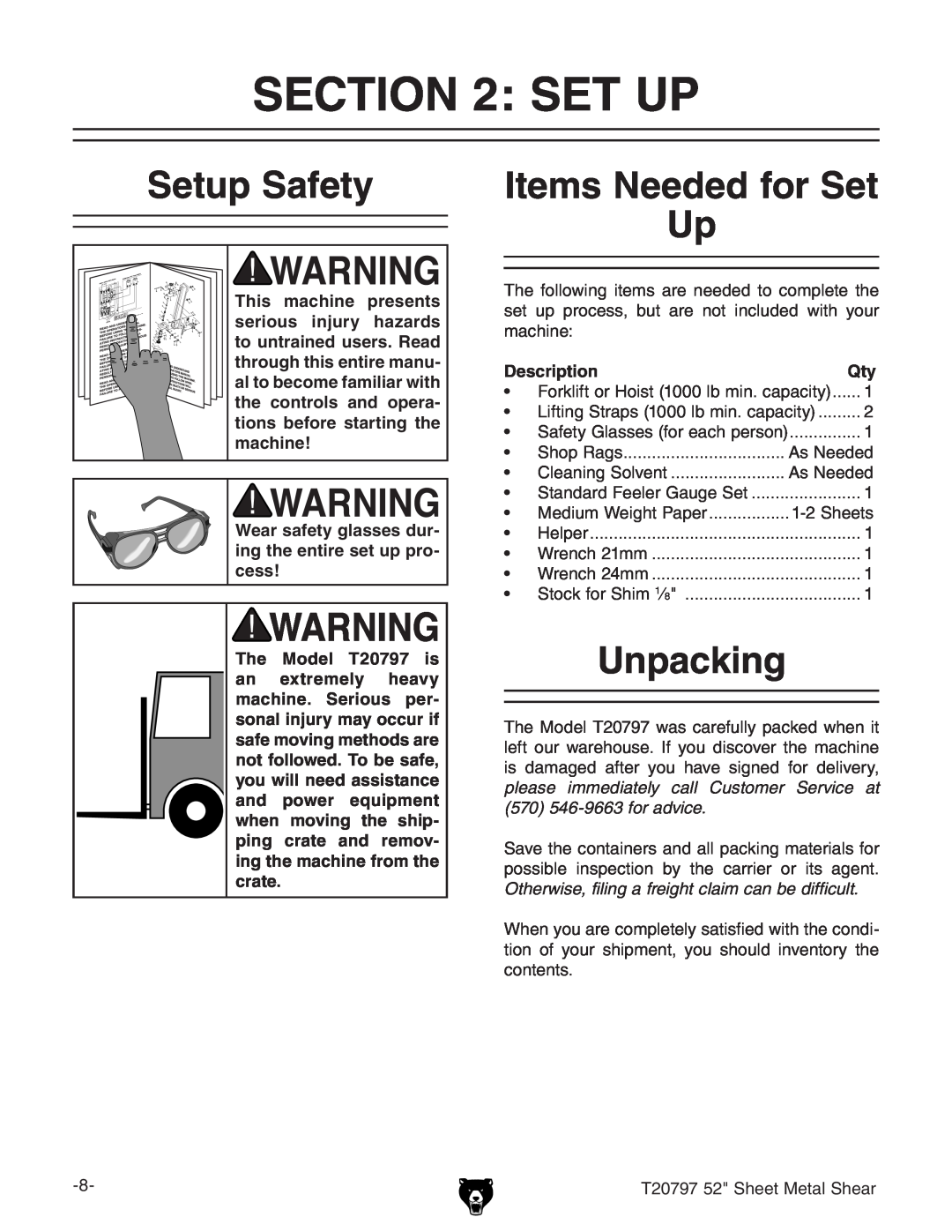 Grizzly T20797 owner manual Set Up, Setup Safety, Items Needed for Set, Unpacking, Description, I%,.,*HZZiBZiVaHZVg 