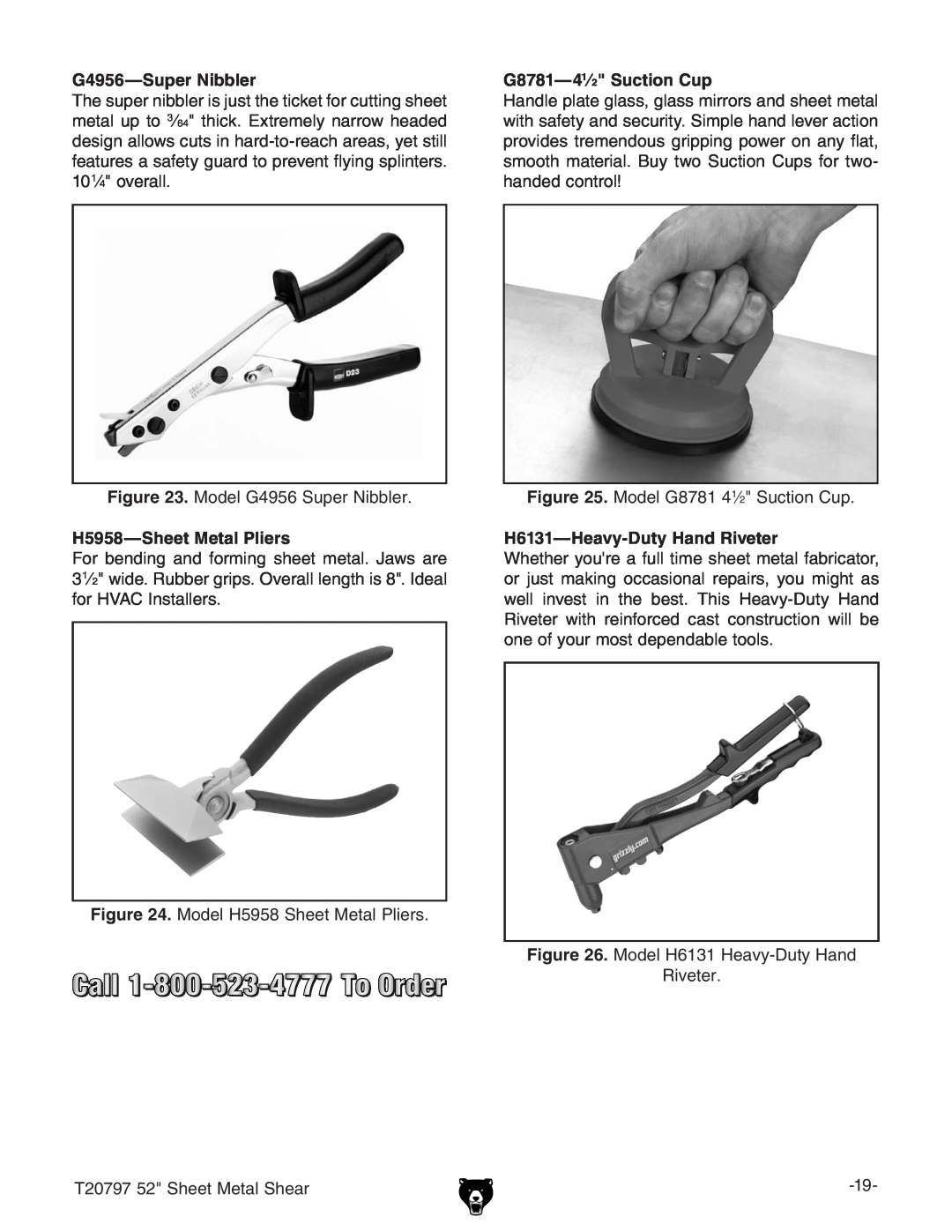 Grizzly T20797 owner manual G4956-Super Nibbler, BdYZa.*+HjeZgCWWaZg#, H5958-Sheet Metal Pliers, G8781-41⁄2 Suction Cup 