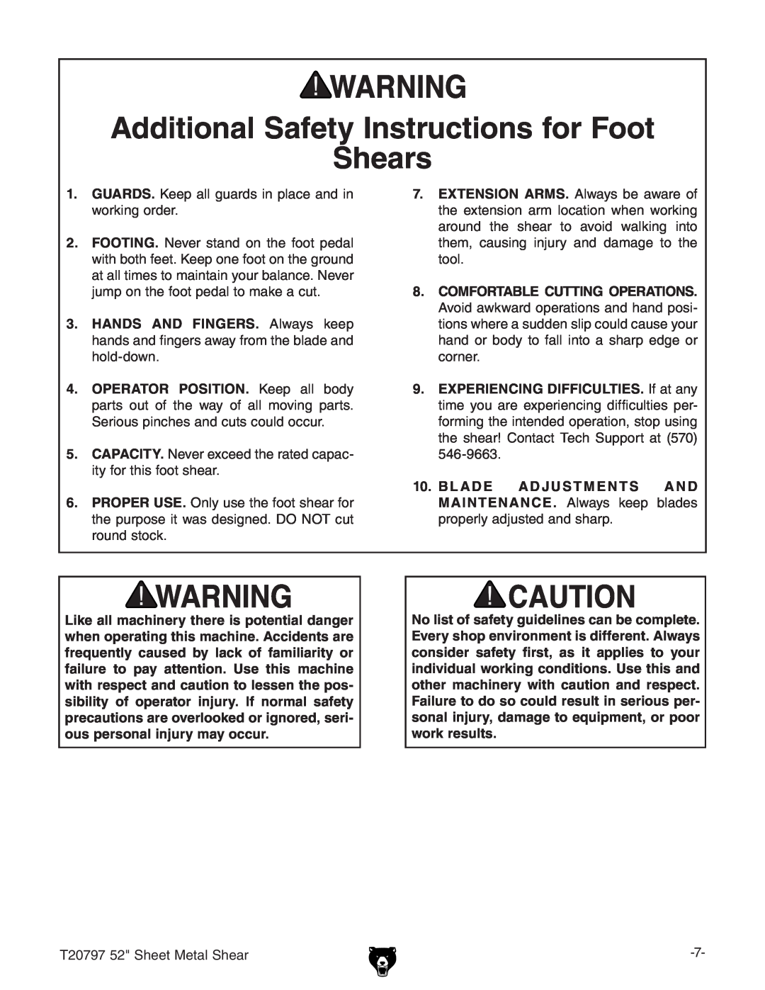 Grizzly T20797 owner manual Additional Safety Instructions for Foot Shears, I%,.,*HZZiBZiVaHZVg 