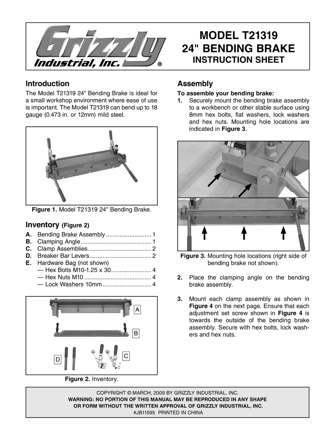 Grizzly T21319 instruction sheet Introduction Assembly, Inventory Figure, To assemble your bending brake 