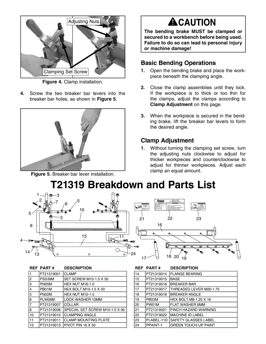 Grizzly T21319 instruction sheet Basic Bending Operations, Clamp Adjustment on this 