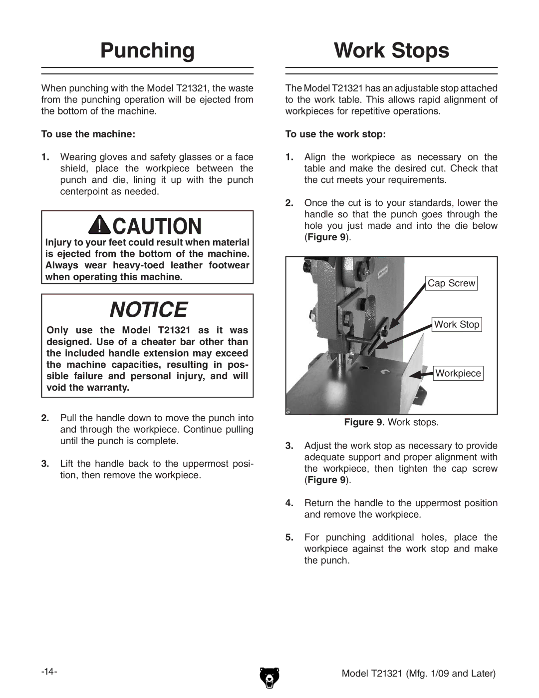 Grizzly T21321 owner manual Punching, Work Stops, To use the machine, To use the work stop, 8VeHXgZl Ldg`Hide Ldg`eZXZ 