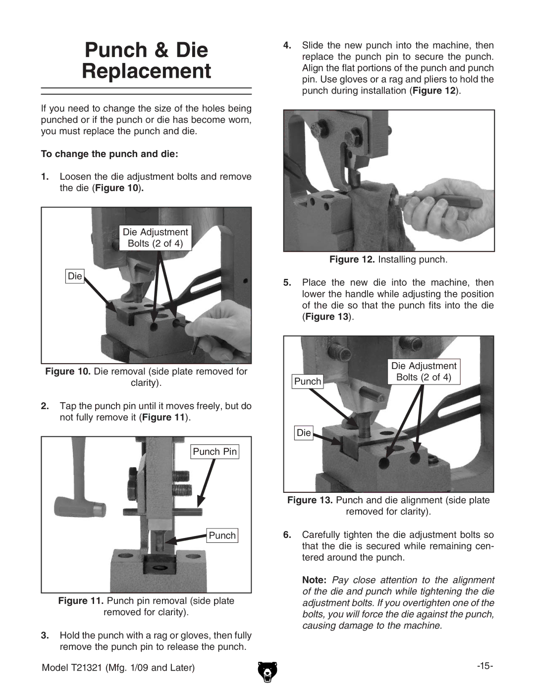 Grizzly T21321 owner manual Punch & Die Replacement, To change the punch and die, IzYz  