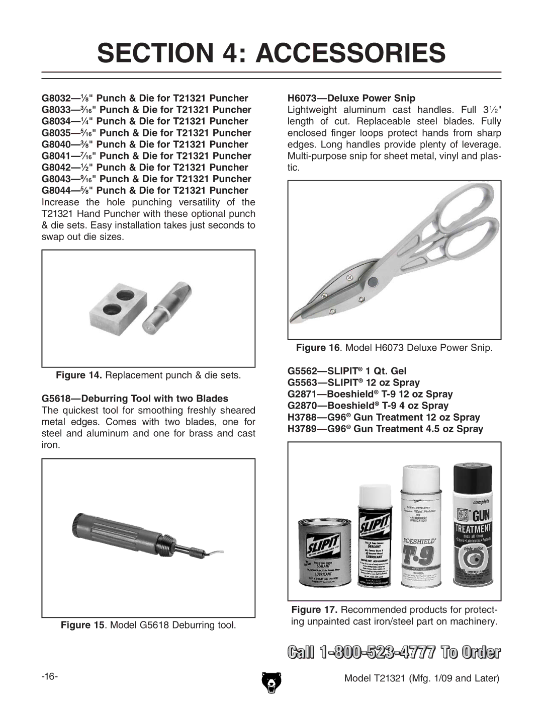 Grizzly T21321 owner manual Accessories, G5618-Deburring Tool with two Blades, H6073-Deluxe Power Snip 