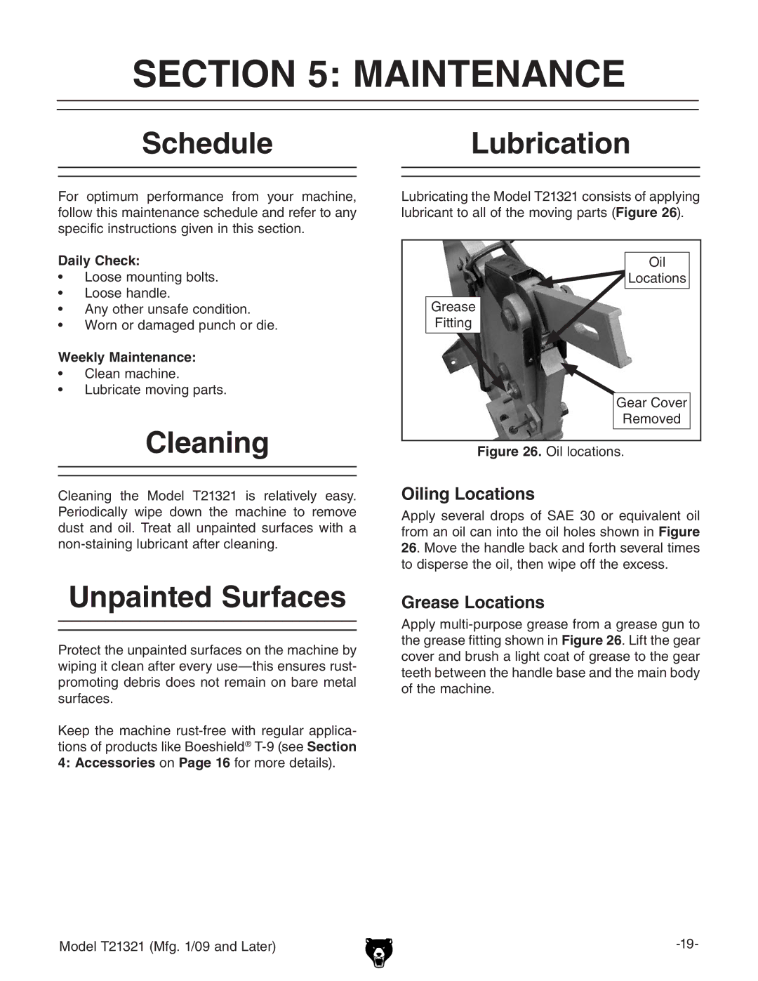 Grizzly T21321 owner manual Maintenance, Schedule, Cleaning, Unpainted Surfaces, Lubrication 