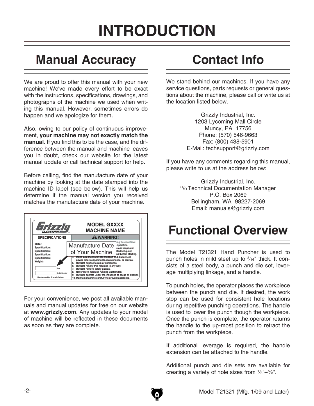 Grizzly T21321 owner manual Introduction, Manual Accuracy, Contact Info, Functional Overview 