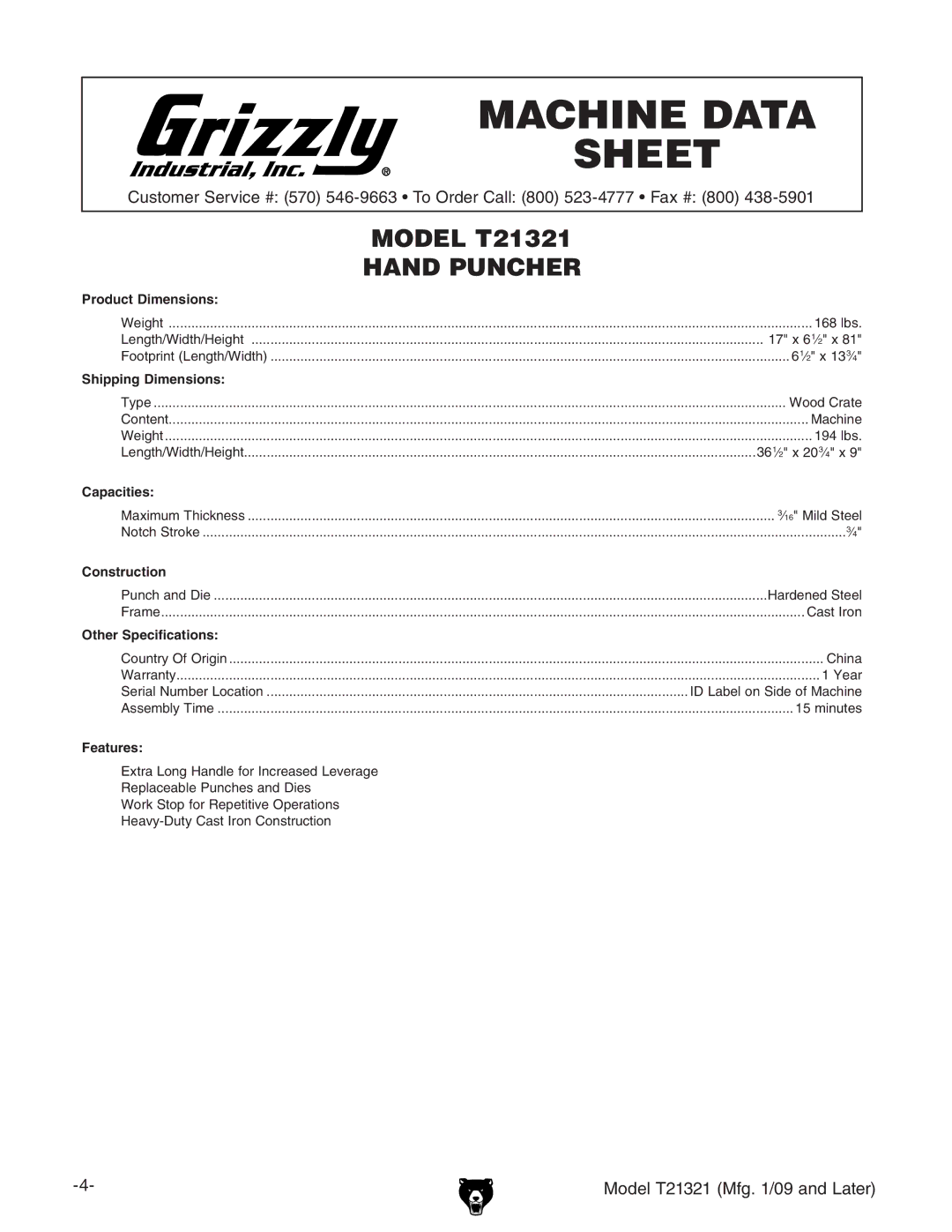 Grizzly T21321 owner manual Machine Data Sheet 