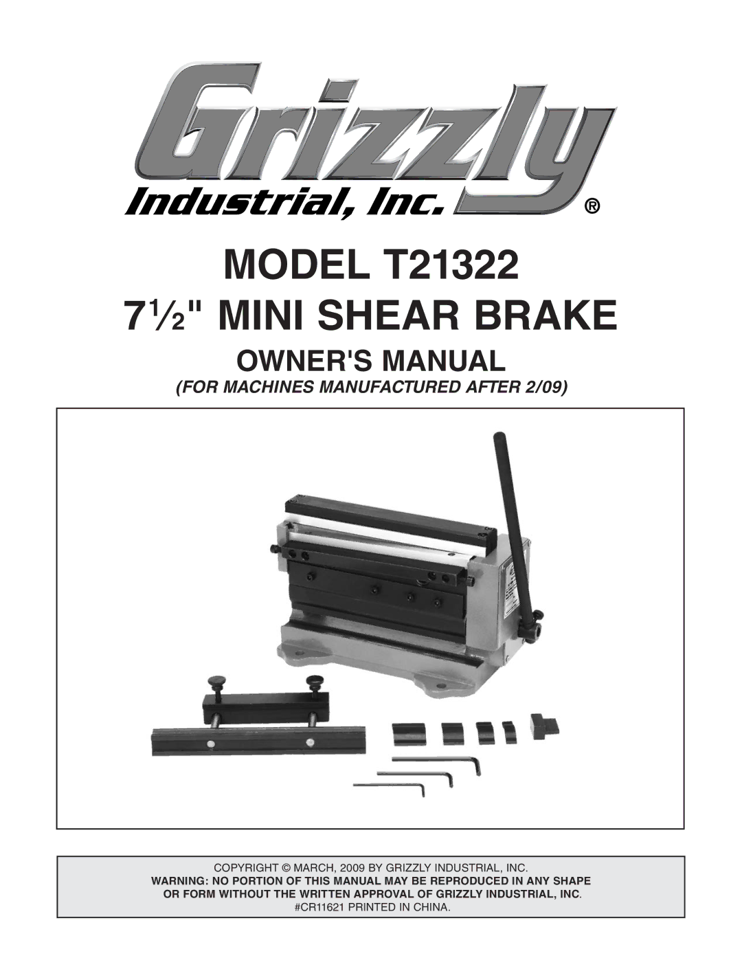 Grizzly T21322 owner manual 71⁄2 Mini Shear Brake 