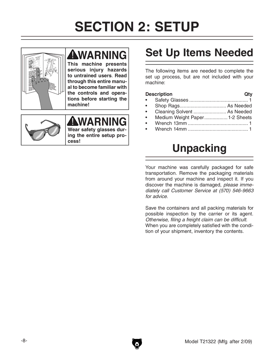 Grizzly T21322 owner manual Setup, Set Up Items Needed, Unpacking, Description Qty 