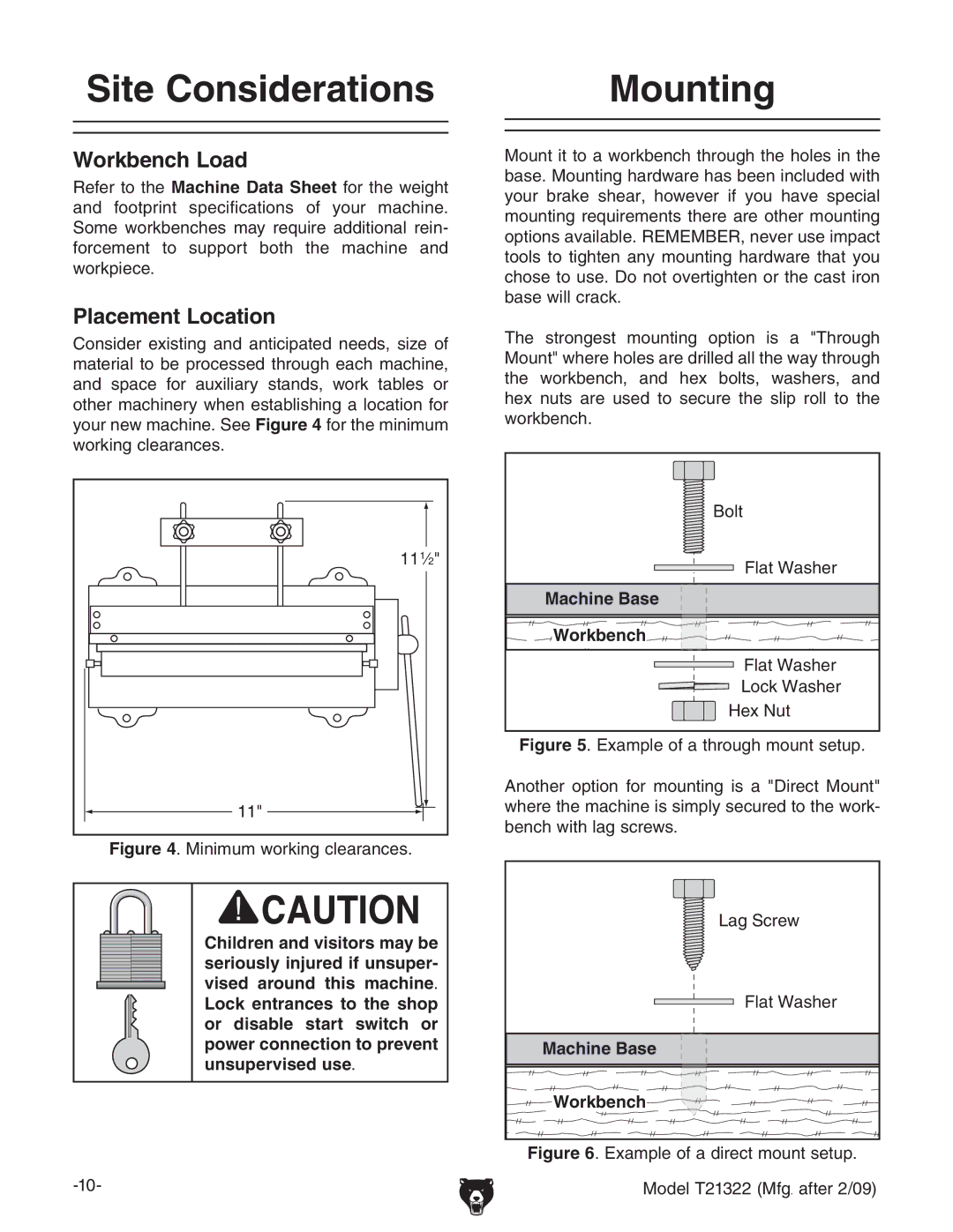 Grizzly T21322 owner manual Site Considerations, Mounting 